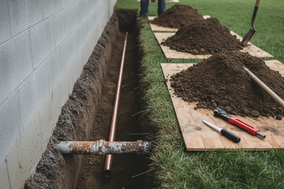 Excavated water line trench during Water Softener Installation in La Grange
